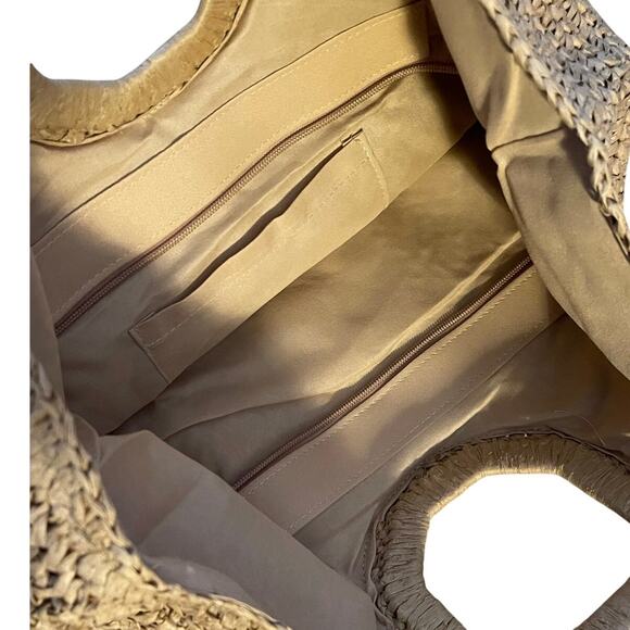 RAMLA Boho Half Moon Straw Crochet Lined Woven Hobo Clutch Handbag Tan NEW - Picture 7 of 7